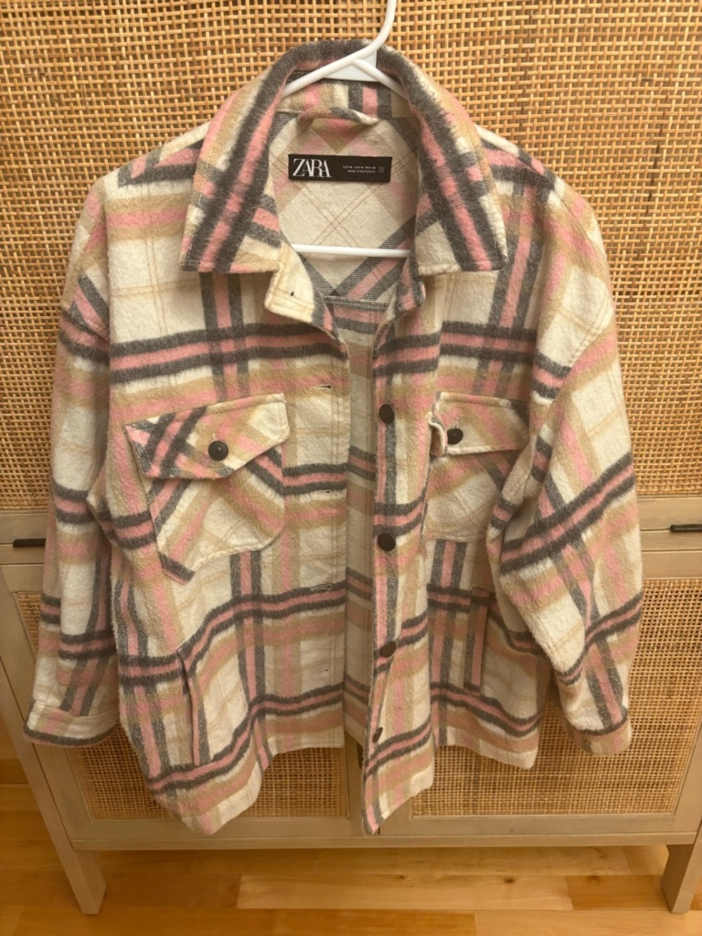 ZARA Cream, Pink & Gray Plaid Shacket